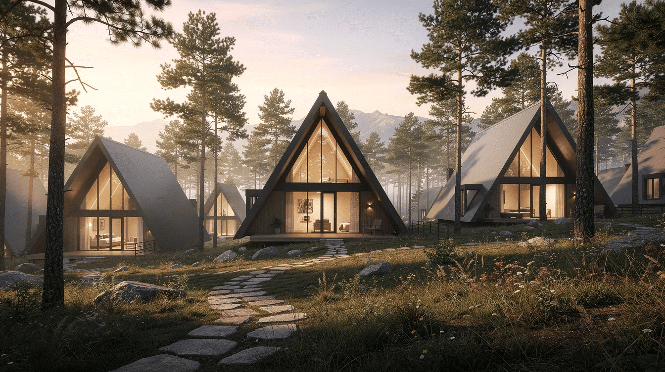 c4f47931-c018-49ee-99b4-8b4292d65199 - Ranch Style Homes USA The image features a charming A-frame house nestled in a natural setting, showcasing its distinctive triangular roof and wooden frame structure. This modern vacation home design emphasizes simplicity and functionality, making it an ideal choice for those seeking a cozy retreat.