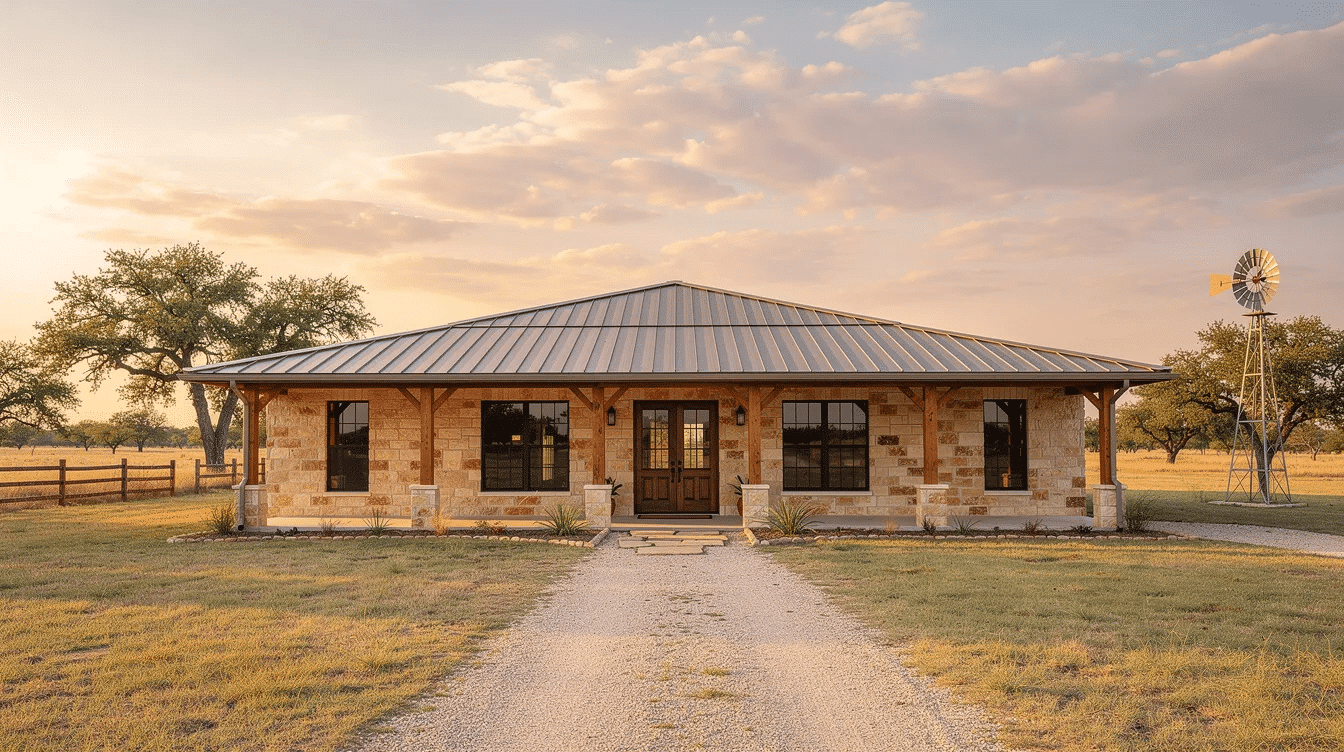 The image depicts a charming Texas ranch home surrounded by sprawling ranch land, featuring a mix of flat areas and hilly terrain typical of the Texas Hill Country. This picturesque property is ideal for ranch ownership, offering ample space for livestock and abundant wildlife, making it a perfect investment for those interested in buying ranch land in Texas.