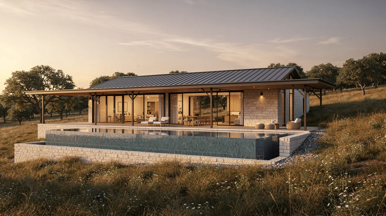 c73fcd78-d1fa-44c6-a727-2d63a5ea51d6 - Ranch Style Homes USA A modern Texas Hill Country ranch house features large glass walls and a native limestone base, complemented by an infinity pool that overlooks expansive native grassland. This luxurious home is designed for entertaining, with a private terrace and stunning views of the rolling terrain typical of the TX Hill Country.