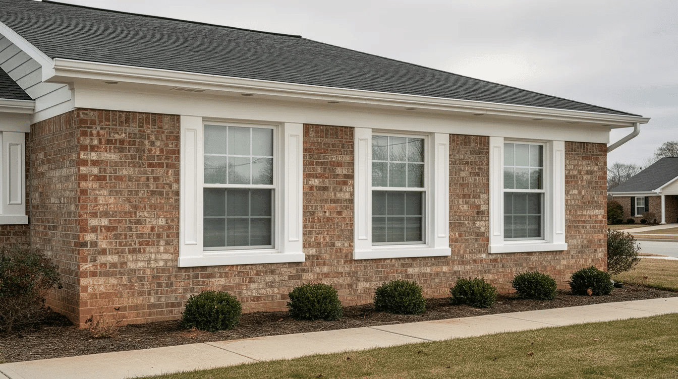 The image features a brick ranch house without shutters, showcasing large windows and a welcoming front door that enhances its curb appeal. Surrounded by natural landscaping, the single-story home's exterior displays a modern yet inviting design, blending seamlessly with its neighborhood.