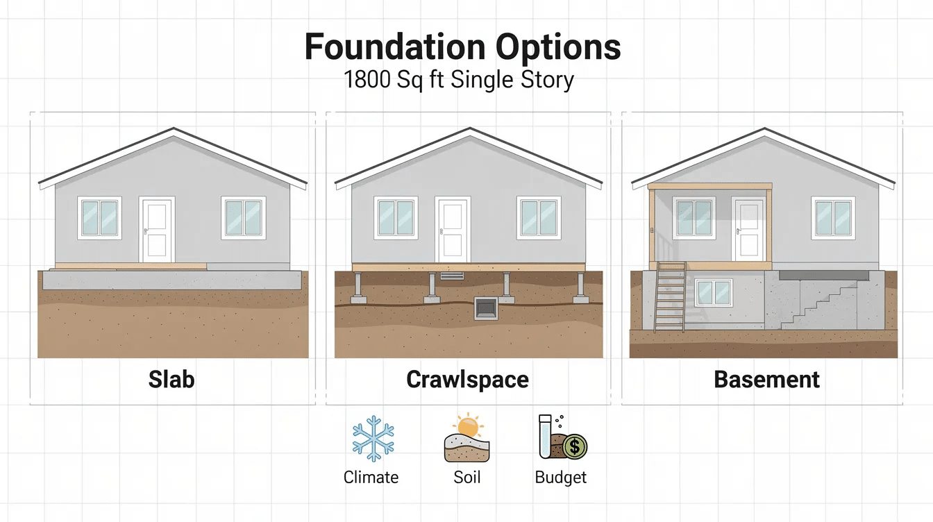 cd79dddb-c58c-4565-a0fe-edf794b3daf8 - Ranch Style Homes USA The image illustrates various foundation options for an 1800 sq ft house, including slab, crawlspace, and basement foundations, highlighting the importance of selecting the right type based on climate, soil conditions, and budget. This visual guide assists homeowners in understanding the foundational choices available for their modern farmhouse plan.