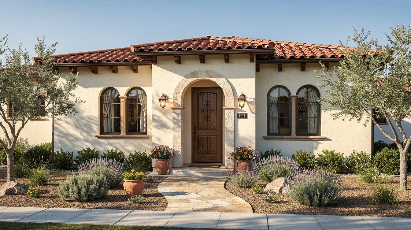 cdd1034b-daa9-4260-ba67-109f32cd8c0c - Ranch Style Homes USA The image features a Mediterranean-style single-story home with a stucco exterior and a tile roof, showcasing a spacious layout ideal for family living. The design includes large windows, outdoor living areas, and a welcoming porch, all contributing to the beauty and functionality of this ranch house plan.