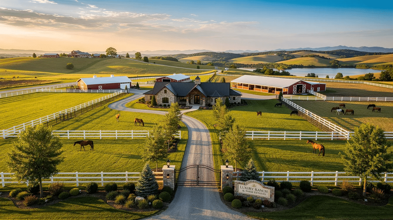 ce509184-19e8-40d5-a664-6cb969b89d64 - Ranch Style Homes USA The image showcases a stunning luxury ranch and farm estate in New Jersey, featuring expansive green pastures and elegant homes, perfect for those looking to buy property in a serene environment. With picturesque views and ample space for outdoor activities, this ranch is an ideal spot for visitors seeking a fun getaway in NJ.
