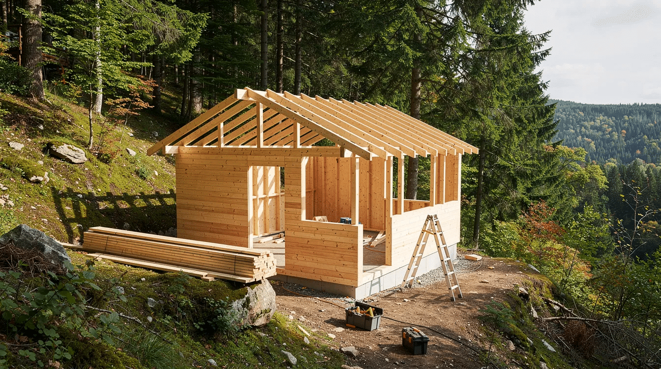 d10018b3-20da-45f2-aeb5-cc00cbdd3fce - Ranch Style Homes USA A small wooden cabin, designed as a frame house, is under construction on a forested hillside, showcasing the building process with exposed walls and framing materials. The serene natural surroundings highlight the cabin's potential as a cozy vacation home amidst the trees.