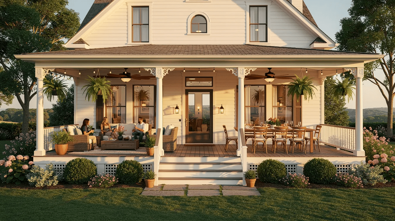 d3333f98-890d-465d-b4ad-0b7b0daf9523 - Ranch Style Homes USA The image showcases a charming house with a spacious wraparound porch, perfect for outdoor living and entertaining guests. This well-designed porch features multiple seating areas and dining setups, surrounded by lush potted plants, enhancing the home's curb appeal and inviting atmosphere.