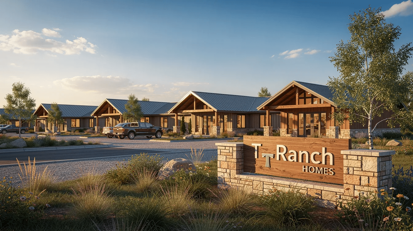 dac733c3-a0ad-4c5d-816e-740ab3a1de1e - Ranch Style Homes USA The image showcases a beautifully designed T Ranch modular home featuring an open concept floor plan with large windows that allow for plenty of natural light. This ranch style home includes three bedrooms, a spacious master suite with a private bath, and a large kitchen perfect for entertaining.