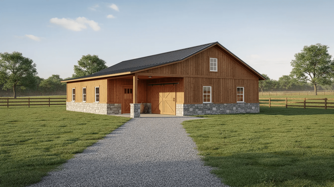 de5128c5-5332-40ca-bdf2-7ea5faef880e - Ranch Style Homes USA An elegant wooden horse barn with stone accents stands gracefully amid lush green pastures, embodying the charm of a ranch in NJ. This picturesque property is perfect for those looking to buy or visit a serene place in New Jersey.