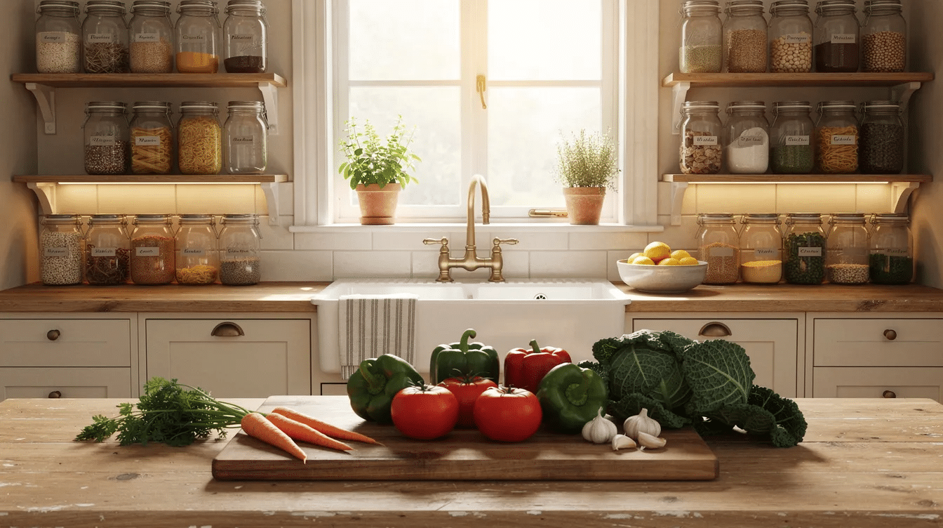 de5f79c9-670c-45a3-84de-5ca061712afb - Ranch Style Homes USA The image depicts a cozy kitchen interior featuring open shelving filled with mason jars, a large farmhouse sink, and fresh vegetables arranged on the counter, creating a warm and inviting space perfect for families and guests. The design reflects a homestead aesthetic, emphasizing comfort and functionality in the heart of the home.