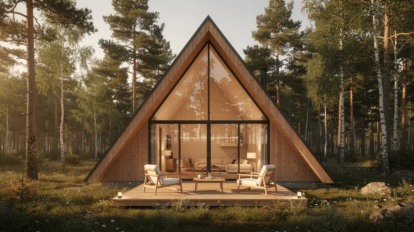 e029de0c-fa3b-4071-9b35-f514e4674b0c - Ranch Style Homes USA The image depicts a modern A-Frame house nestled in the Texas Hill Country, featuring a serene escape with a private balcony overlooking lush trees. The property includes a communal fire pit and amenities such as a kitchenette with a mini refrigerator and a walk-in shower, making it a perfect getaway for families and friends.