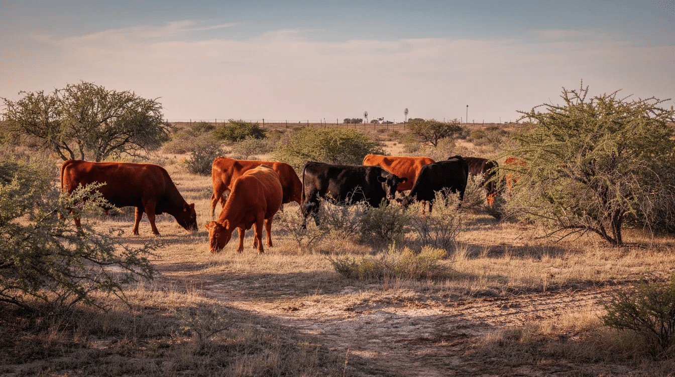 e075e929-ba75-464d-99bf-0916e0915dc8 - Ranch Style Homes USA The image depicts cattle grazing peacefully among mesquite brush in the expansive rangeland of South Texas, showcasing the natural beauty and rolling terrain typical of the Lone Star State. This scene highlights the essence of cattle ranches in Texas, where agricultural activities thrive amidst wide open spaces and abundant wildlife.