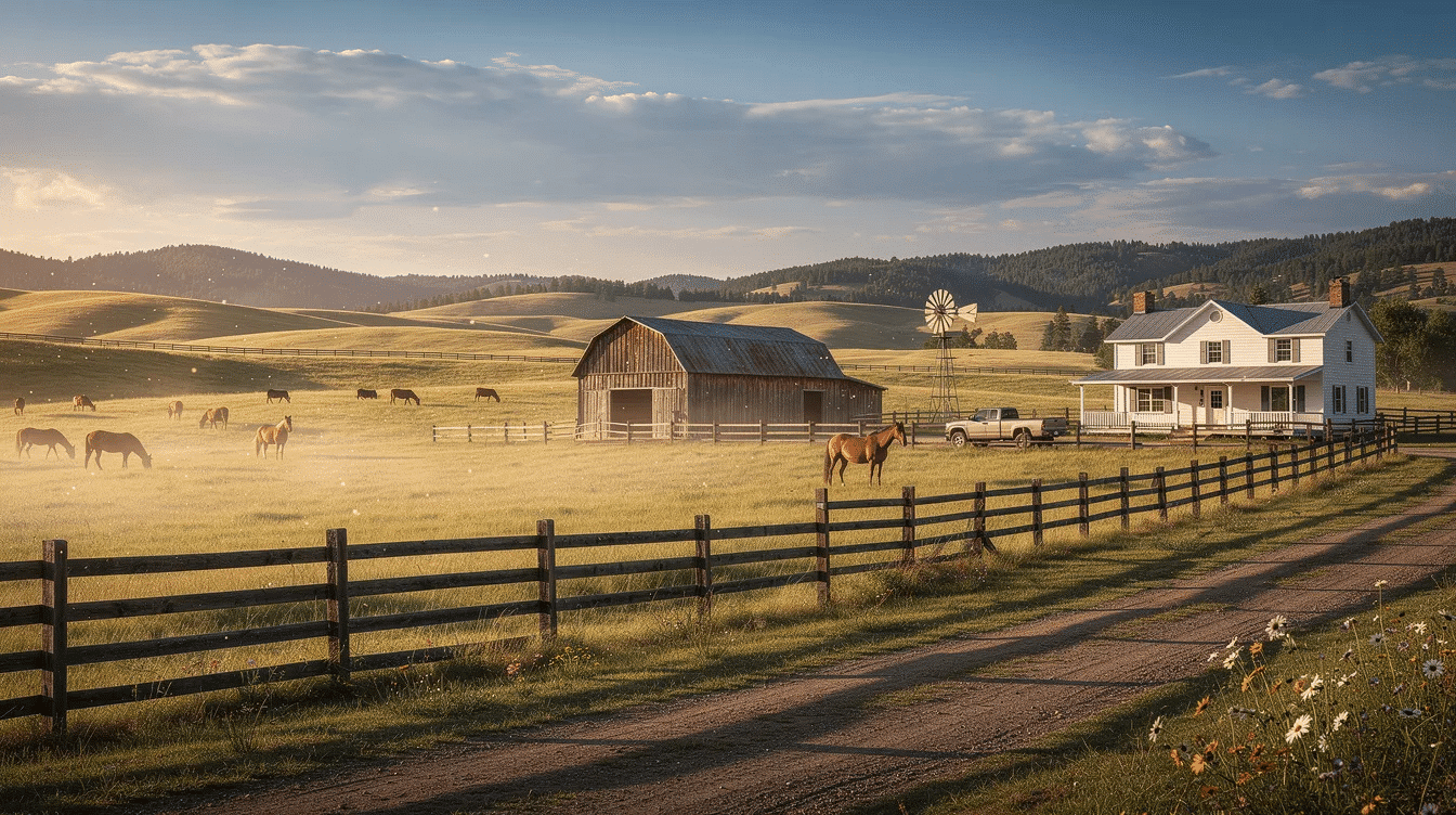 The image depicts a picturesque ranch in Texas, showcasing rolling hills and an idyllic and tranquil landscape under a wide open sky. This property offers direct dirt road access and is perfect for those seeking a peaceful getaway, with abundant opportunities for farming and livestock.