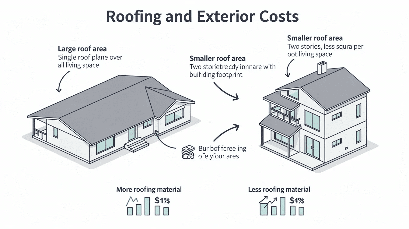 e193b7c8-7095-43c2-acdb-473a5f15111e - Ranch Style Homes USA The image illustrates the roofing and exterior costs associated with ranch homes, highlighting how their larger footprint requires more roofing material due to the single roof plane covering the entire living space. This design of ranch style homes not only influences construction costs but also impacts their energy efficiency and long-term value in the real estate market.