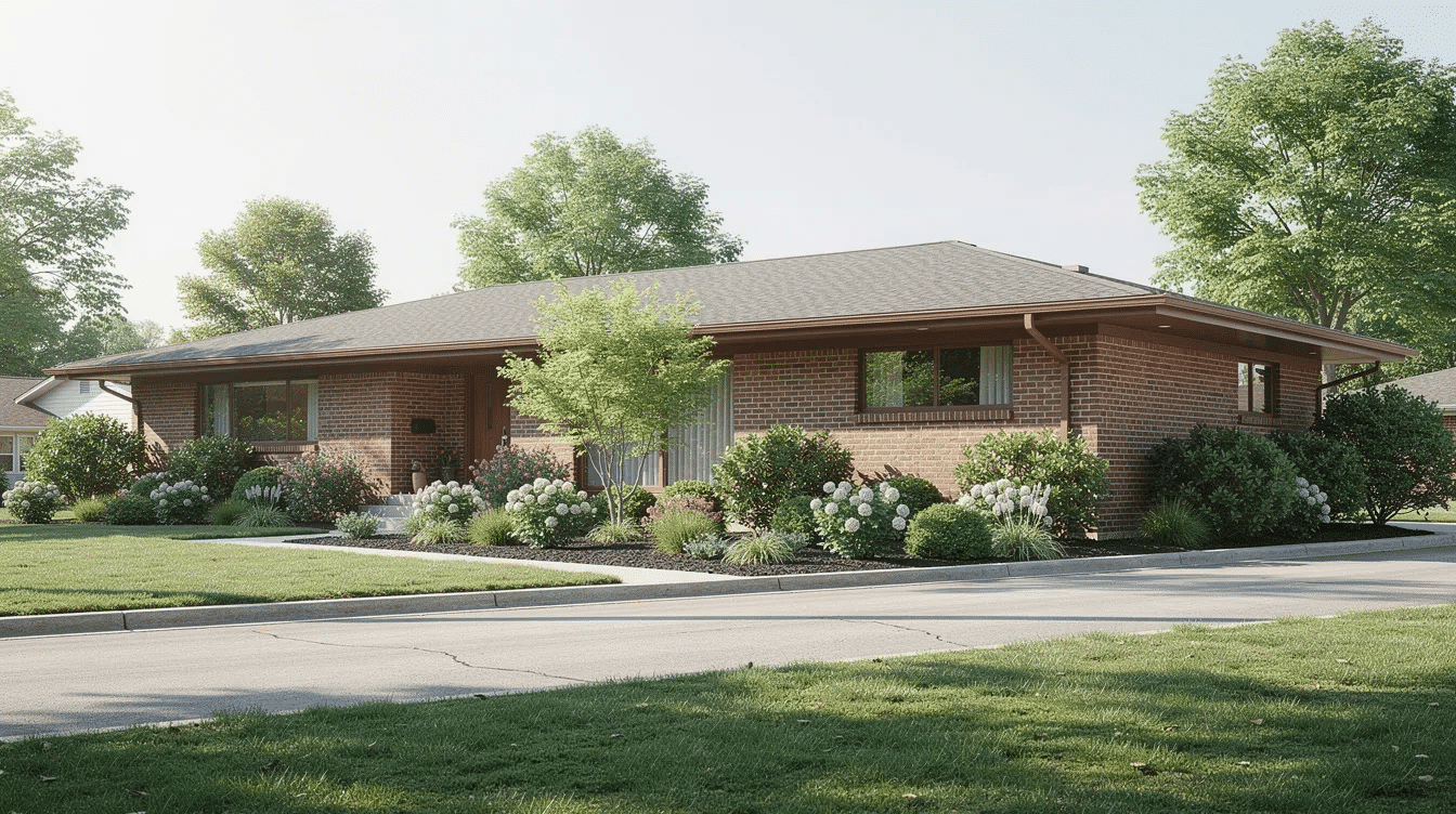 e225f1ca-bb15-4721-8afd-02f2feb51fb5 - Ranch Style Homes USA The image features a classic 1960s brick ranch home with a low gable roof and deep overhanging eaves, surrounded by mature landscaping that enhances its curb appeal. Large windows invite natural light into the living space, while the warm brown exterior and architectural details reflect the charm of ranch style architecture.