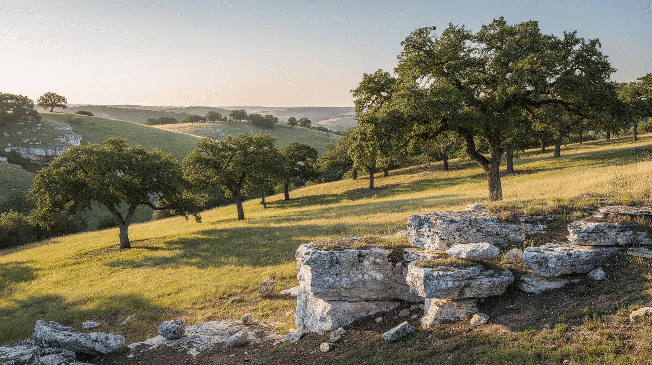 e58bb4f7-51aa-4a0d-a4b0-0283f33e7418 - Ranch Style Homes USA The image depicts the scenic rolling hills of the Texas Hill Country, adorned with majestic live oak trees and rugged limestone outcrops. This picturesque landscape highlights the beauty of Texas land, ideal for ranch property and abundant wildlife, making it a perfect setting for those on their Texas ranch ownership journey.