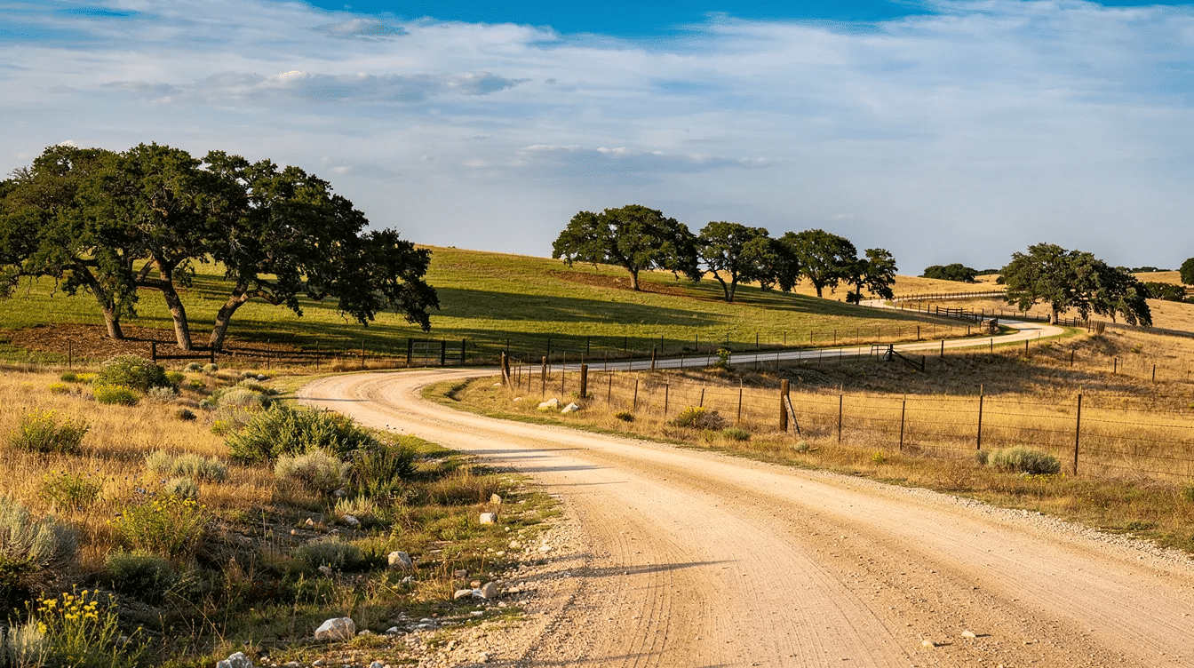 e598ed1d-d5f0-4bc8-8cbd-8c940e3cfaf8 - Ranch Style Homes USA The image depicts a picturesque rolling Texas landscape featuring scattered oak trees and a winding ranch road, embodying the natural beauty of the Texas Hill Country. This serene scene showcases the perfect property for outdoor enthusiasts, with open pastures ideal for cattle grazing and abundant wildlife.