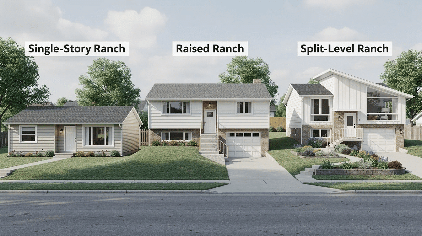 e6c2e384-d181-490f-8c26-c583dfdaaf89 - Ranch Style Homes USA The image showcases various ranch style house plans, highlighting the differences between single-story, raised, and split-level ranch homes. Each design option emphasizes spacious layouts and comfortable living, catering to the preferences of homeowners looking for functional floor plans.