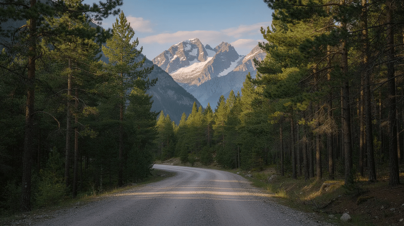 eb7fb82e-e30b-4ef5-b75a-01f22fc937ac - Ranch Style Homes USA A winding gravel road meanders through a dense pine forest, with majestic mountain peaks rising in the background, creating a serene and picturesque scene that invites exploration. This vibrant landscape embodies the beauty of nature, perfect for those seeking a peaceful retreat in elevated residential communities.