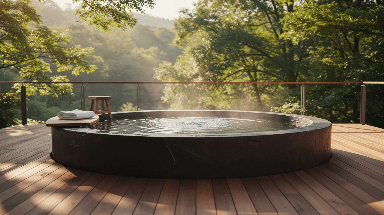 ed0bcb5c-4343-4a58-ae7d-60fd33537f9b - Ranch Style Homes USA The image features a private outdoor soaking tub situated on a wooden deck, surrounded by lush trees, offering a serene escape in the Texas Hill Country. This tranquil setting is perfect for relaxation, providing modern amenities and a peaceful view of nature.