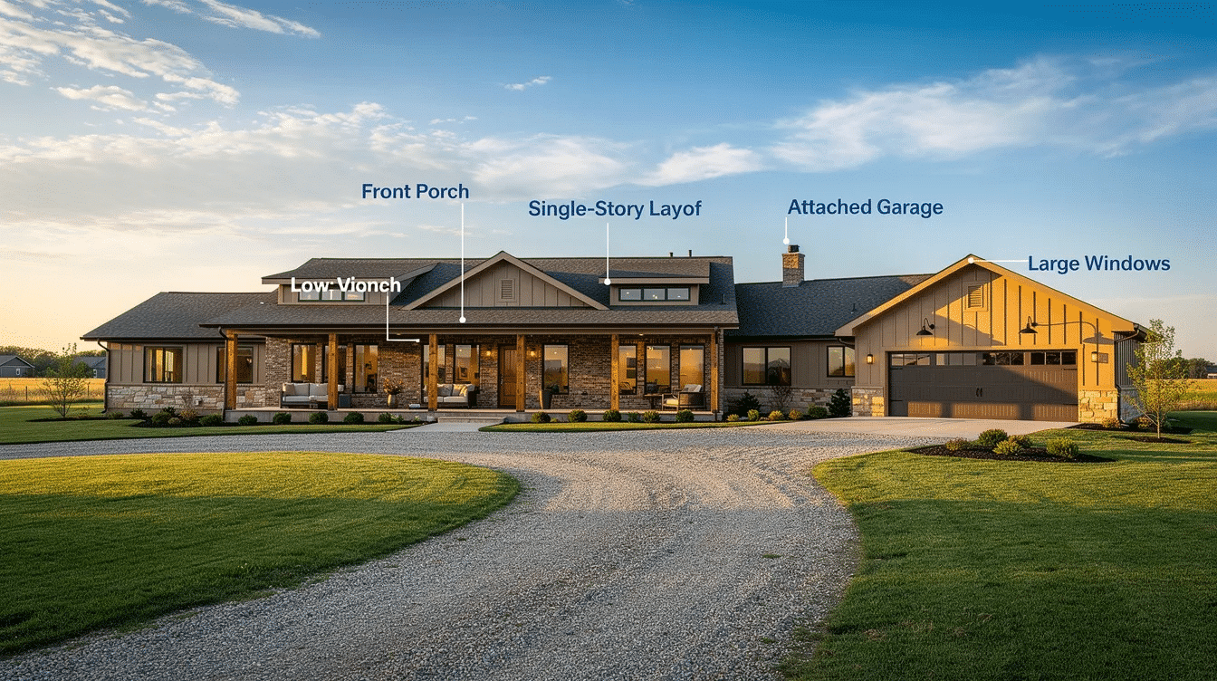 ee6a420f-fe8a-4707-87e0-49e005074bd8 - Ranch Style Homes USA The image showcases various features of big ranch homes, highlighting ranch style house plans that emphasize single-story layouts and spacious designs. It illustrates the comfort and functionality of these homes, perfect for family living and entertaining, with ample square footage and thoughtful room arrangements.