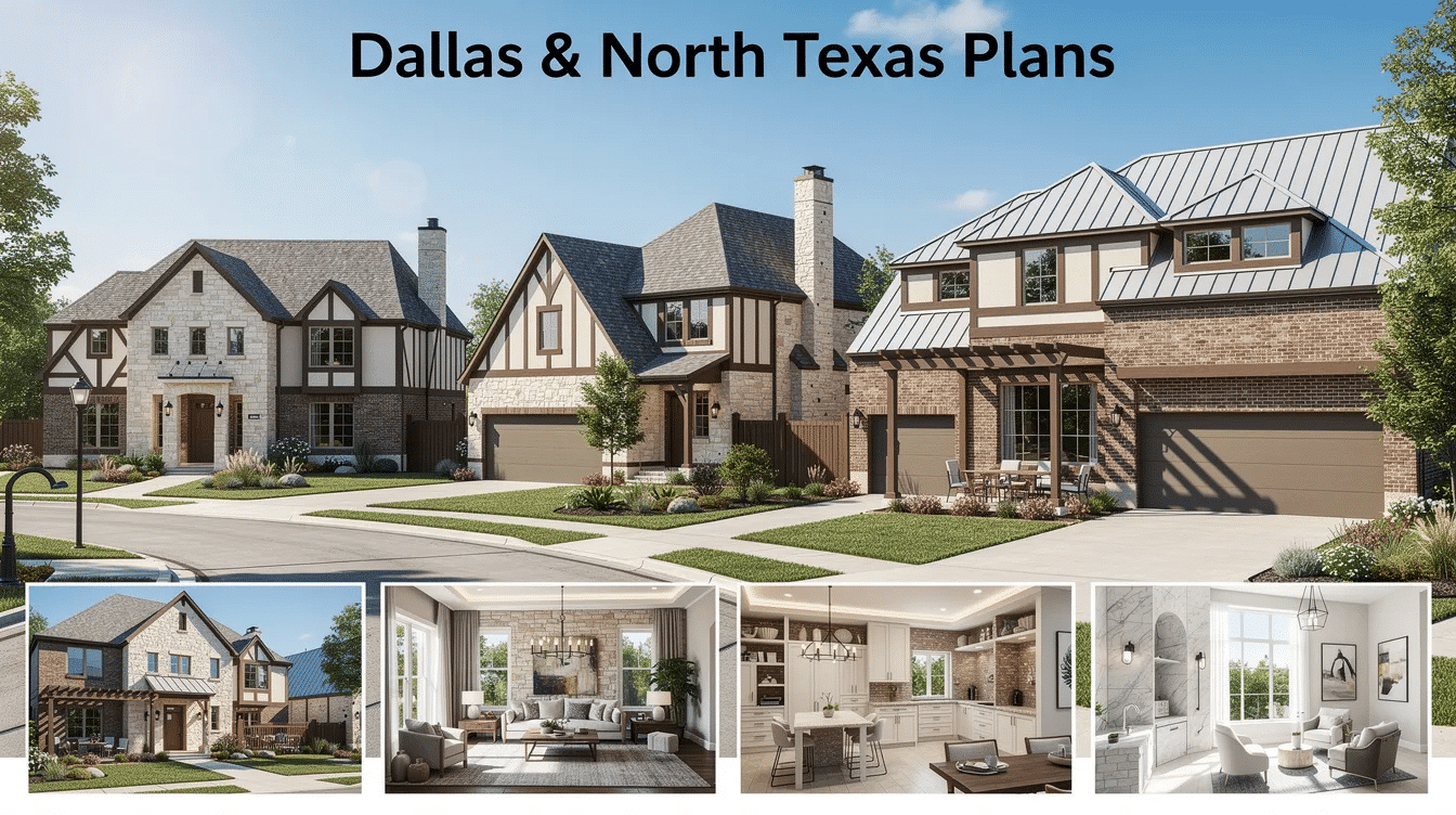 ef9e6a6c-54fa-4d94-b1cc-9ae9142ac683 - Ranch Style Homes USA The image showcases a modern Texas home design featuring a blend of Colonial and Tudor Revival architectural styles, characterized by natural stone and limestone accents. The spacious layout includes a large great room, formal dining area, and a three-car garage, reflecting the lifestyle preferences of Dallas residents for both entertaining and comfortable family living.