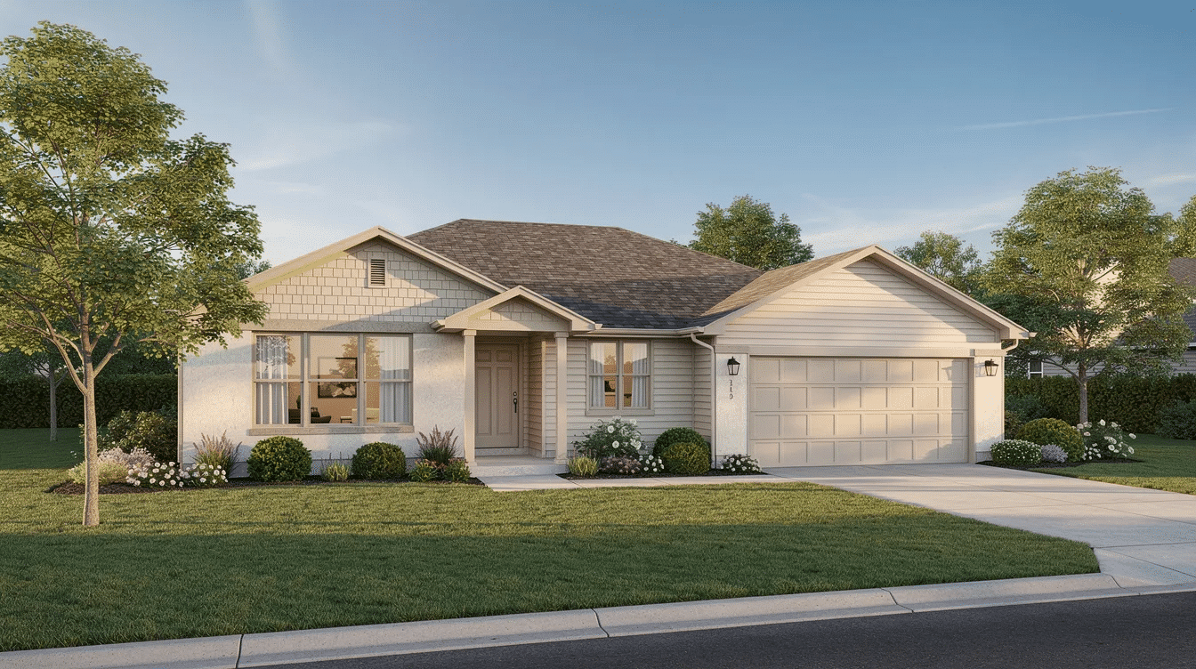 The image depicts a classic single-story ranch home featuring a low-pitched roof and a wide facade, complemented by an attached garage. Surrounded by lush green landscaping, this ranch style house exemplifies timeless appeal with its seamless indoor-outdoor living spaces and large windows that invite natural light.
