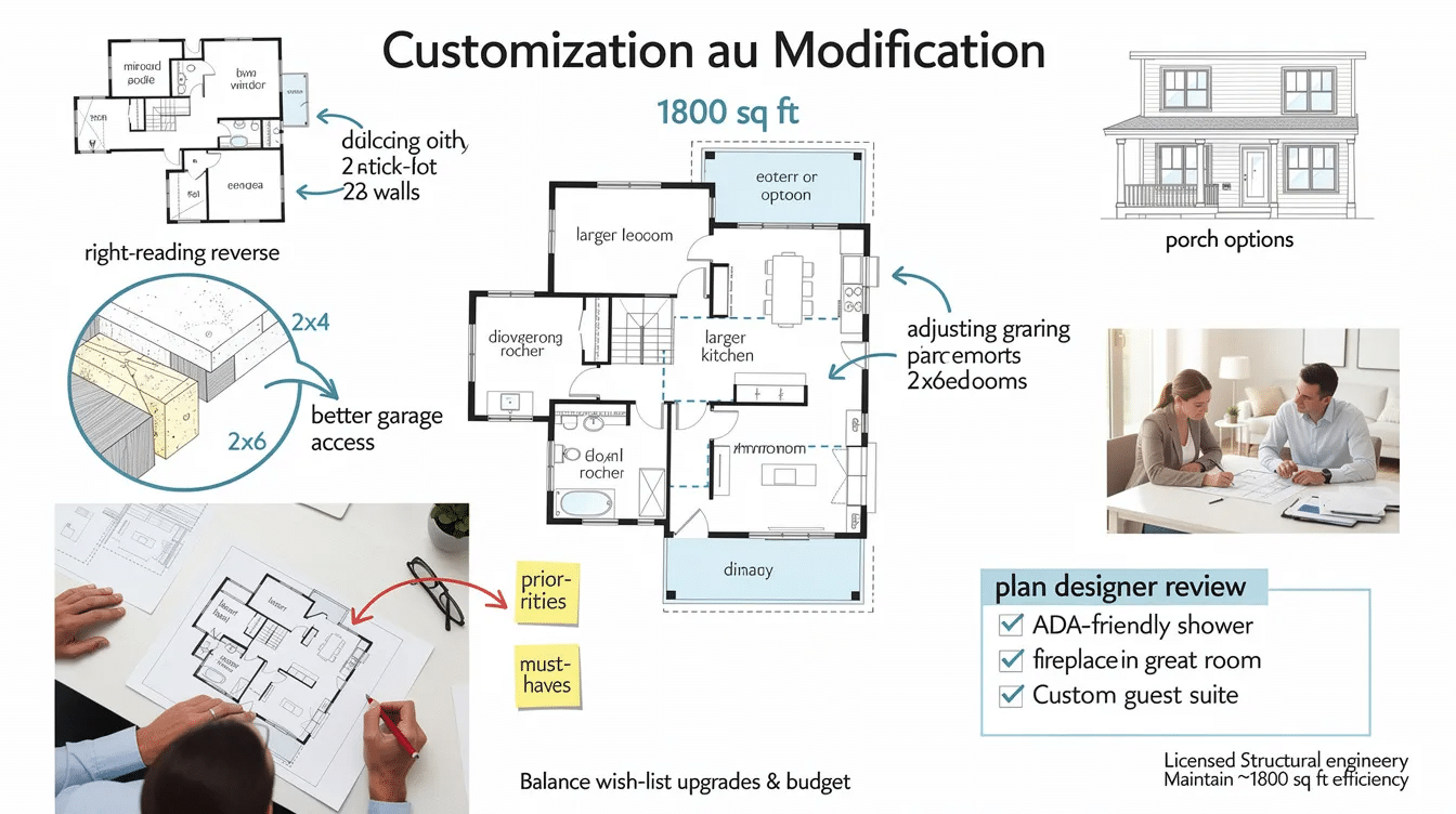 f401942b-a43f-45f5-8f69-a26efa3930f0 - Ranch Style Homes USA The image depicts a selection of customizable 1800 sq ft house plans, showcasing various modifications such as flipped layouts for lot orientation, adjusted window placements, and upgraded wall materials. It highlights the flexibility of modern farmhouse plans, emphasizing features like an open floor plan, master suite, and options for porch configurations.