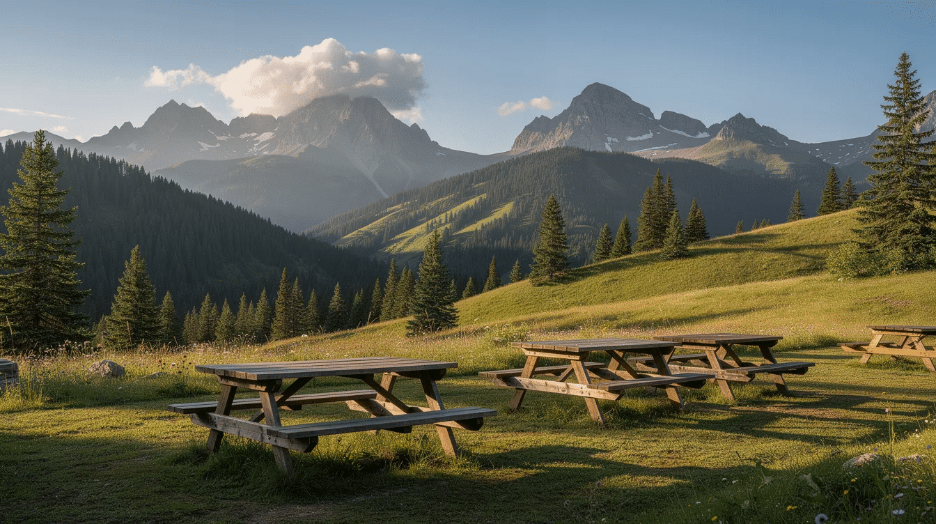 f49dfcc1-9195-49a4-8964-5ed9b8375137 - Ranch Style Homes USA The image depicts a serene small mountain park featuring wooden picnic tables, surrounded by lush forested hills and distant peaks, offering a peaceful setting for outdoor activities. This vibrant lifestyle space invites visitors to embrace connection with nature and enjoy exceptional living experiences.