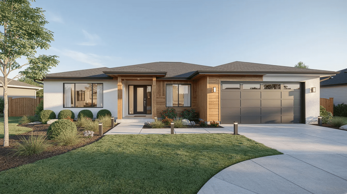 f69a3377-73a5-4087-9483-ba6001a9c574 - Ranch Style Homes USA The image depicts a modern ranch home exterior featuring an attached two-car garage and a beautifully landscaped front yard, showcasing the stylish design typical of modern farmhouse plans. The front view highlights the exterior materials and inviting front porch, creating a welcoming atmosphere for this 1800 sq ft house plan.