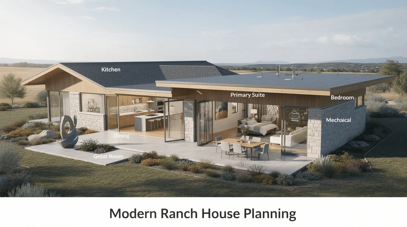 f6ac6902-4aaa-4322-85df-3601abcf8927 - Ranch Style Homes USA This image illustrates a modern ranch house plan featuring a single-story layout with an open floor plan that seamlessly integrates indoor and outdoor living spaces. Large windows and sliding glass doors enhance natural light and provide stunning views of the surrounding landscape, while accessible design elements cater to comfort and mobility needs.