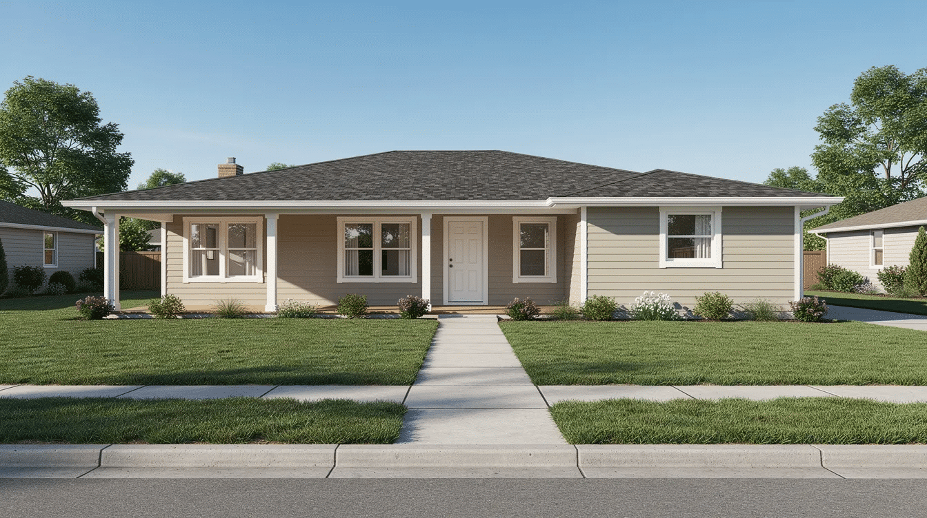 f81d74f4-aba4-4c1a-83fb-bb862a90f461 - Ranch Style Homes USA A single-story ranch home with wide eaves sits prominently on a large front lawn in a sunny suburban neighborhood, showcasing the traditional charm and architectural style of ranch style houses. The house features large windows and an inviting landscape, typical of popular ranch homes found in many American suburbs.