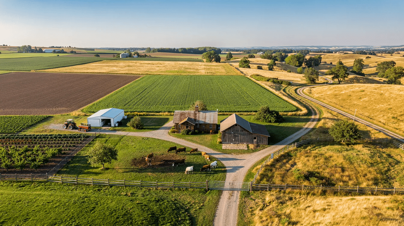 f9e4ff6c-3f76-47db-b332-05471bcb675a - Ranch Style Homes USA A picturesque ranch in New Jersey showcases sprawling fields and charming farm structures, perfect for those interested in buying property. The scene invites visitors to explore the beauty of the landscape and consider the fun opportunities for outdoor activities in this serene setting.