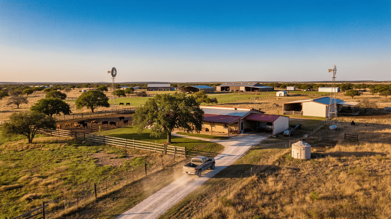fc372c50-4cbb-4d65-9945-34fb3892e224 - Ranch Style Homes USA The image showcases a sprawling Texas ranch, featuring rolling hills and vast open land ideal for livestock grazing. This picturesque property, located in the heart of Texas Hill Country, embodies traditional values and offers a perfect investment opportunity for ranch real estate enthusiasts.