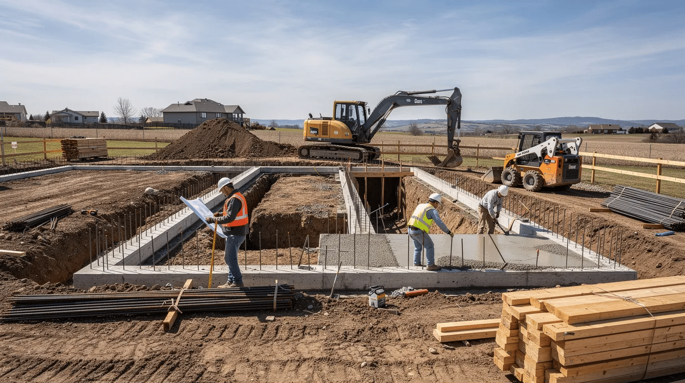 fd1b13c7-ae7d-41df-855c-481314156b7e - Ranch Style Homes USA The image depicts a construction site where workers are laying the foundation for a ranch-style home, surrounded by construction equipment. This site showcases the beginning stages of building a spacious, one-level living home, designed to accommodate modern ranch house plans that appeal to young families and empty nesters alike.