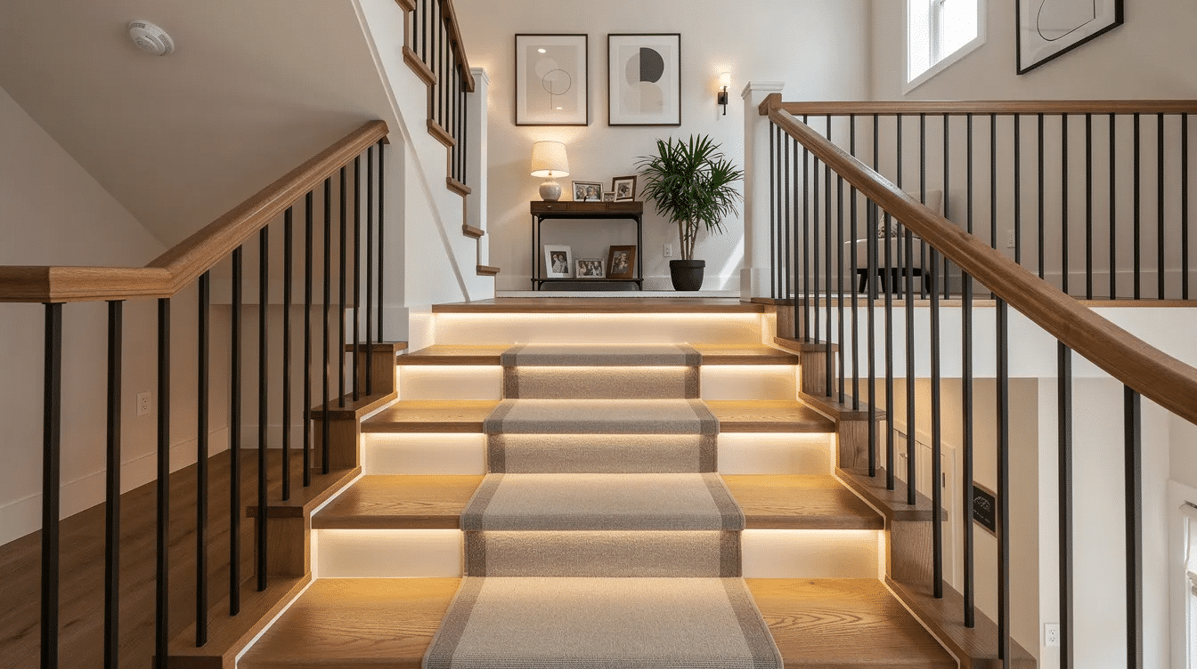 fe796207-1fab-4056-a1bb-fe66468426b6 - Ranch Style Homes USA The image showcases a beautifully decorated staircase and landing in a raised ranch home, featuring a stylish entryway makeover with bright paint and functional space for coats and shoes. The cozy foyer is designed to enhance safety while providing inspiration for small spaces, integrating a harmonious blend of style and practicality.