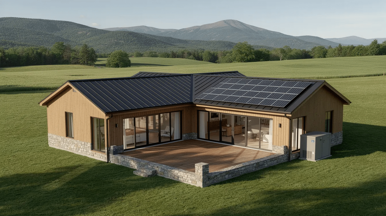 020aa1d8-8aeb-4a62-9041-6a7cb47f4939 - Ranch Style Homes USA The image depicts a stunning LEED Platinum modular home in a rural Vermont setting, showcasing modern design with floor-to-ceiling glazing that offers panoramic views of the landscape. The home features natural materials like timber and stone, and is equipped with energy-efficient systems for off-grid living, including solar panels and high-insulation walls.