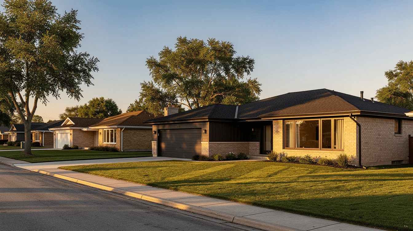 03cb606a-2f39-413b-b4bd-b16f28fb5023 - Ranch Style Homes USA The image features a collection of ranch style homes for sale in Milwaukee, showcasing their single-story layout, spacious yards, and inviting front porches. The scene captures a sunny day, highlighting the appealing architecture and family-friendly environment of these Milwaukee homes.