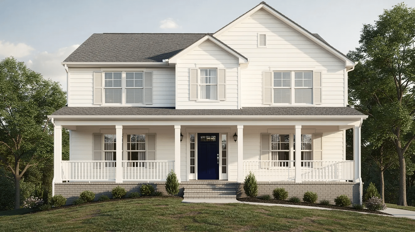 062ec3db-a243-4689-bf0c-37714caacf3a - Ranch Style Homes USA The image showcases a ranch style home with a soft white exterior complemented by high-contrast dark skirting and a striking navy blue front door. This inviting curb appeal is enhanced by simple architectural details and a clean, airy look that beautifully grounds the house in its surrounding landscape.