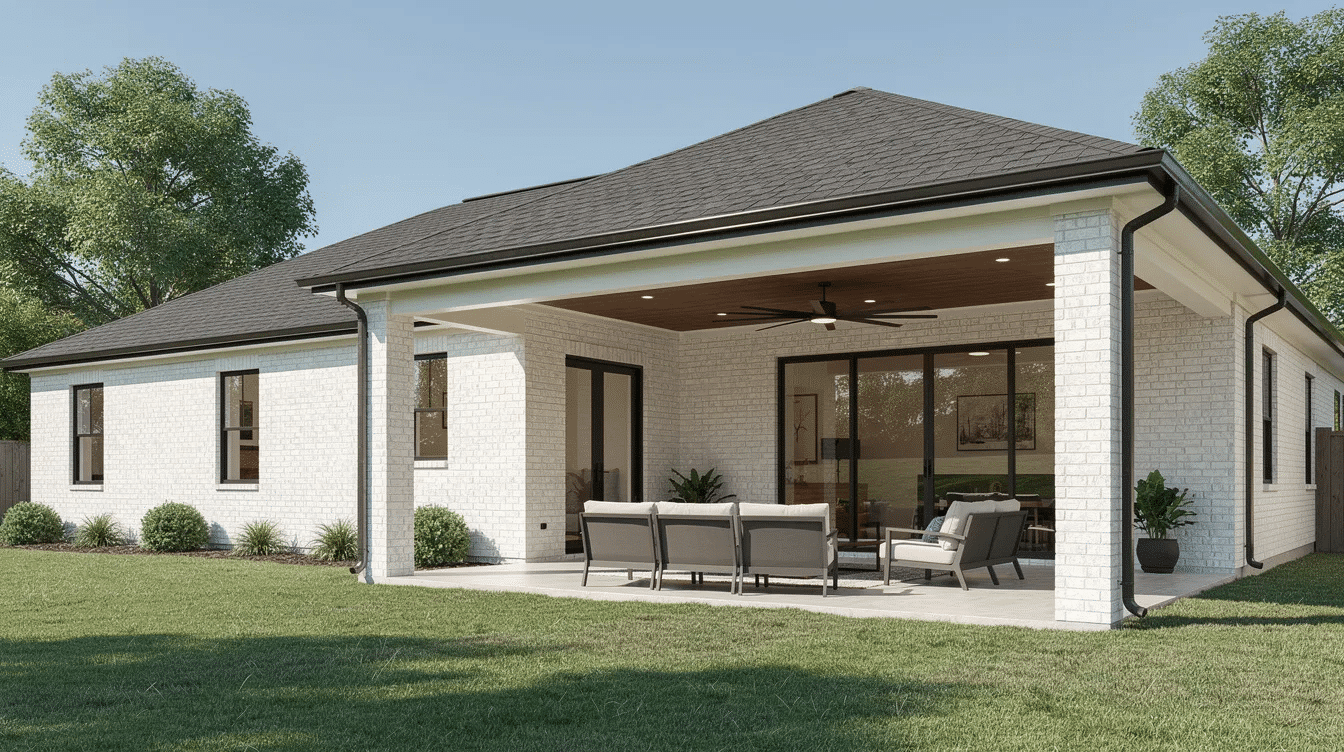 079aa87e-f234-427d-bb43-fa5a99b2f1be - Ranch Style Homes USA The image features a renovated ranch house with a white painted brick exterior, showcasing large windows that invite natural light. A covered back patio extends from the home, creating a perfect outdoor space for relaxation and enjoyment.