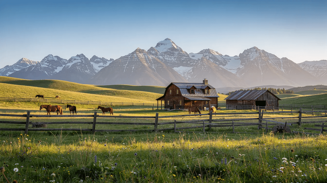 09501c03-50fa-4c30-b179-014f8f3688cd - Ranch Style Homes USA The image depicts a picturesque mountain ranch property featuring lush green pastures in the foreground, with majestic snow-capped peaks rising in the background. This idyllic setting highlights the potential for cattle grazing and agricultural operations, making it an attractive option for potential buyers seeking ranch land in big sky country.