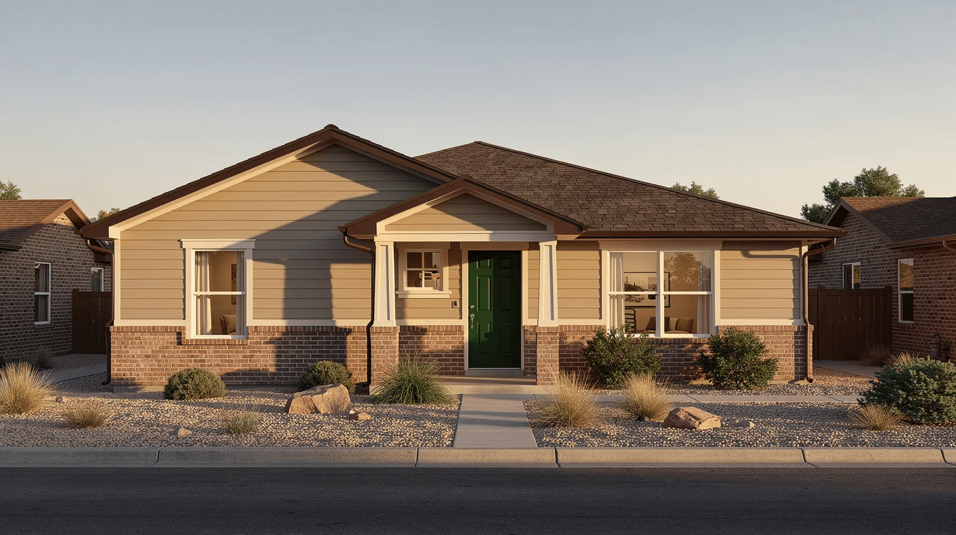 0abc785f-8dcf-49f9-822d-522f21e98abf - Ranch Style Homes USA The image showcases a ranch style house with taupe vinyl siding and cream trim, complemented by dark bronze gutters and a deep green front door, set against a backdrop of red-brown brick. This neutral color scheme enhances the home's curb appeal while referencing the existing features, making it a timeless choice for ranch homes built in the 1970s.
