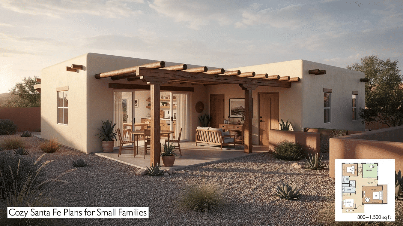 0bf648e0-85c3-4302-9a6f-e14cb12d94c0 - Ranch Style Homes USA The image showcases cozy Santa Fe style house plans designed for small families, featuring compact layouts ranging from 800 to 1,500 sq ft. These plans typically include one to two family bedrooms arranged around a central living area, with traditional stucco exterior walls and wooden beams, creating a warm and inviting atmosphere.