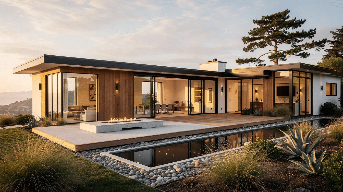 0c51b09c-bf66-46b7-8253-093285afb938 - Ranch Style Homes USA The image depicts a west coast contemporary home featuring large windows that invite natural light, surrounded by lush greenery and a serene landscape. The architecture showcases an open floor plan that seamlessly connects indoor and outdoor spaces, embodying a modern lifestyle inspired by the beauty of its surroundings.