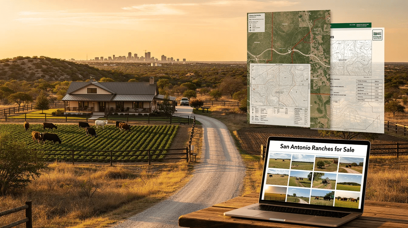 0cc51e32-85a0-407a-ab07-9b73ef380f67 - Ranch Style Homes USA The image depicts a scenic view of diverse terrain in the San Antonio area, showcasing a blend of Texas Hill Country and South Texas brush country, ideal for farms and ranches. It emphasizes the accessibility to urban amenities while highlighting the potential for buyers to find ranches for sale that fit their personal goals and vision.