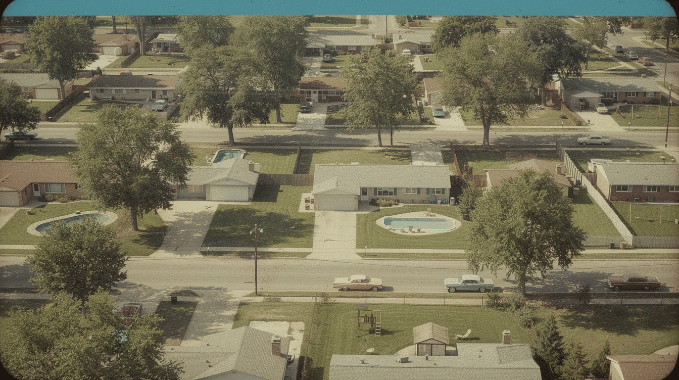 0d56f7cf-d3c0-4968-9bbe-5972410889f1 - Ranch Style Homes USA An aerial view captures a 1960s suburban neighborhood featuring rows of ranch-style homes with single-story layouts and large windows, set along tree-lined streets. The scene showcases the typical ranch house style, characterized by open floor plans and devoted patio spaces, reflecting the architectural charm of American suburbs during that era.