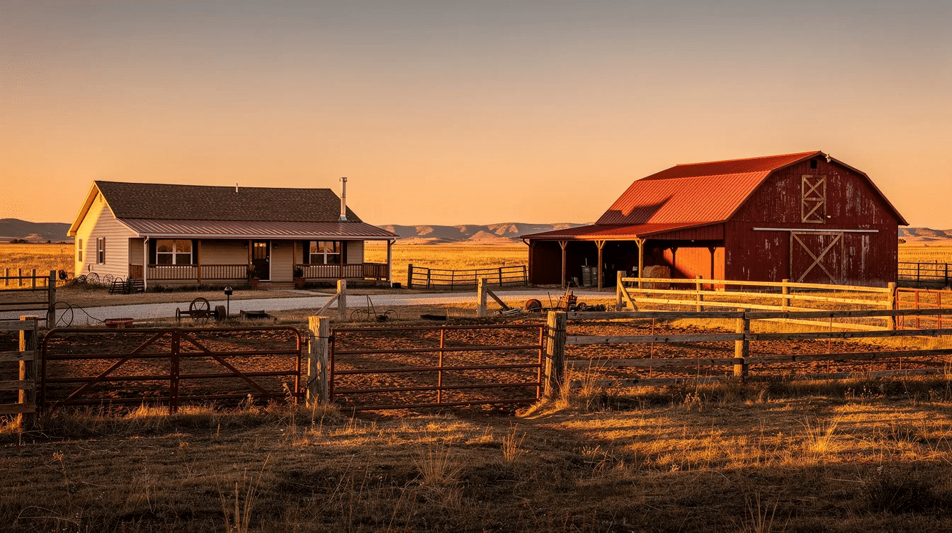 0e0b92e4-f4f8-4f7e-8415-c034cf25d15a - Ranch Style Homes USA The image depicts a picturesque ranch property featuring a spacious barn and corrals bathed in the warm glow of golden evening light. This serene landscape highlights the beauty of agricultural land, making it an ideal location for cattle grazing and wildlife habitat in big sky country.