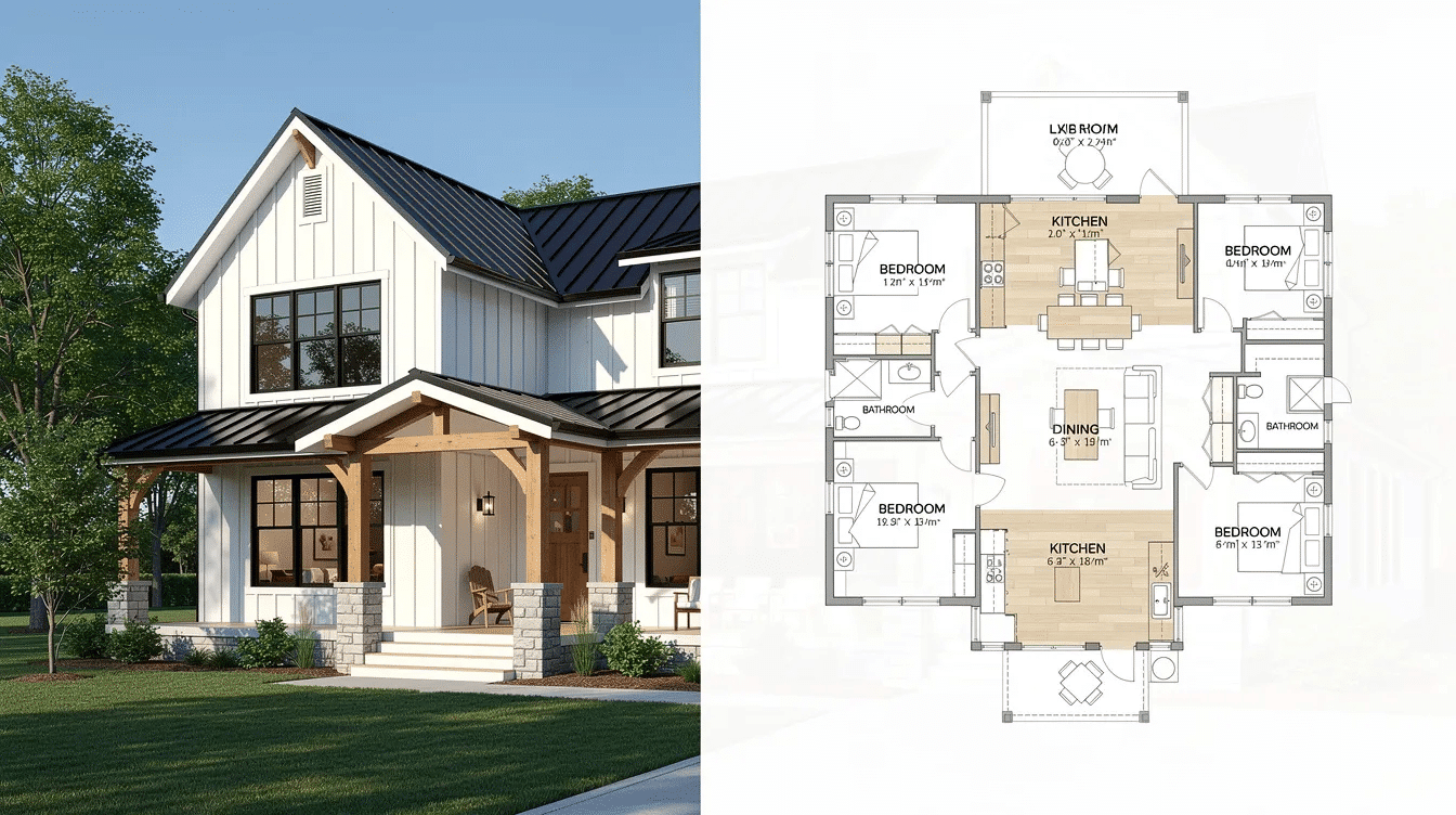 0e9e802e-8d3f-4aee-8ab3-3c6e4ceb9500 - Ranch Style Homes USA This image showcases a modern farmhouse design featuring a spacious open floor plan with large windows and vaulted ceilings, creating a bright and inviting atmosphere. The exterior highlights include a covered porch and gabled roofs, embodying the rustic charm of contemporary farmhouse style.