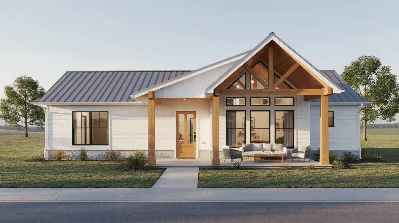0f2f8199-6f17-4a3d-bdf0-6c521b7516cc - Ranch Style Homes USA This image depicts a single-story modern farmhouse featuring a spacious open concept great room with soaring ceilings and exposed beams, creating an airy atmosphere. The design includes a split bedroom layout for privacy, a welcoming covered porch for outdoor living, and large windows that enhance the natural light, embodying the rustic charm of contemporary farmhouse plans.