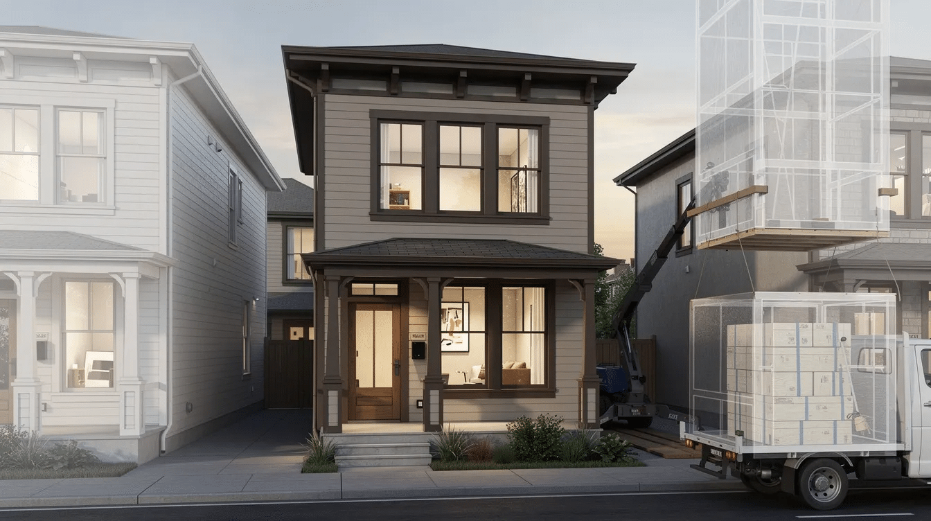 0f307628-4c8b-4f36-b66b-7bc41f0b48d1 - Ranch Style Homes USA This image showcases a two-story craftsman style modular home designed for narrow urban lots, featuring a street-facing porch with decorative brackets and grouped windows that enhance visual interest. The efficient layout includes living areas on the main level and bedrooms upstairs, exemplifying modern craftsmanship and thoughtful design.