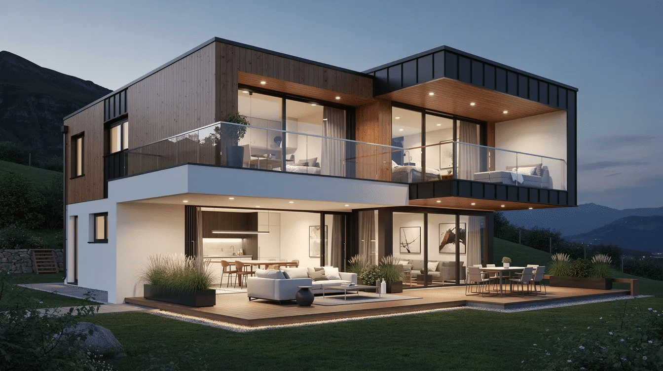 105b627e-a3ad-4eab-9a25-b96d308e397c - Ranch Style Homes USA The image showcases a two-story modular home featuring contemporary designs with clean lines, contrasting volumes, and mixed façade materials. This stylish house integrates outdoor living spaces through decks and balconies, creating a seamless connection between indoor comfort and the surrounding landscape, ideal for modern family lifestyles.