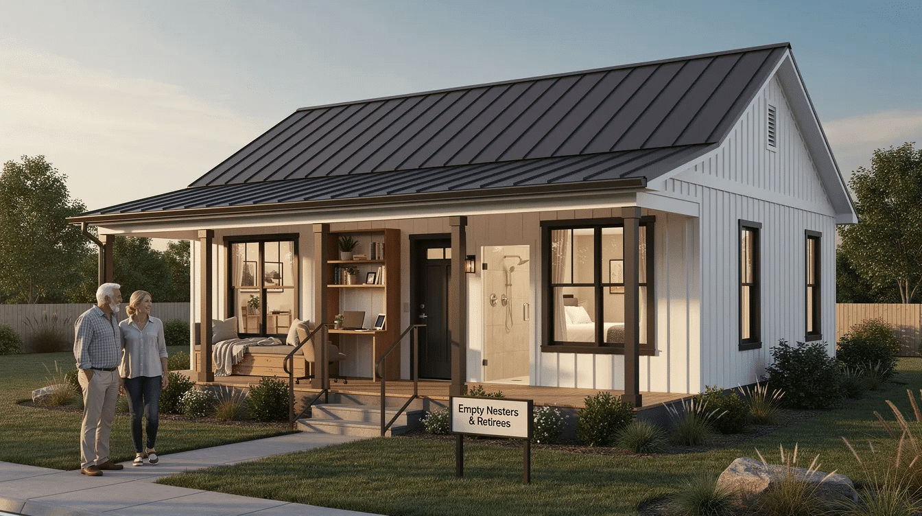 10f3af66-7206-4d3e-be00-a3cb2c403b7f - Ranch Style Homes USA This image showcases a single-story custom farmhouse home plan designed for empty nesters and retirees, featuring a main floor primary suite and wide doorways for accessibility. The layout emphasizes modern farmhouse style with cozy reading nooks, functional spaces, and low-maintenance exteriors, blending rustic charm with modern amenities for comfortable everyday living.